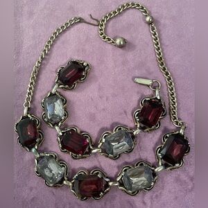 Art Deco Necklace & Bracelet Faceted Amethyst Glass Panels Czech Vintage